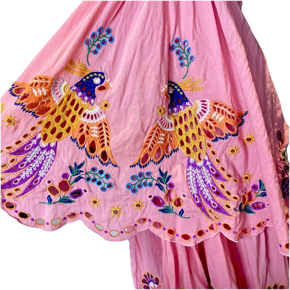 Farm Rio Richelieu Crossed Front Midi Dress Medium Pink Embroidered A Line - Picture 3 of 16